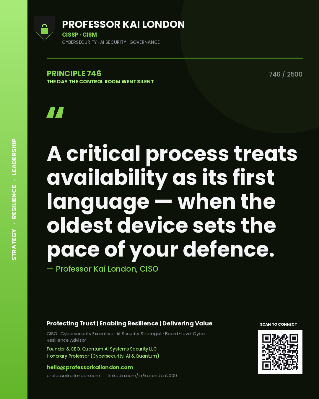 Professor Kai London principle 746: A critical process treats availability as its first language — when the oldest device sets the pace of your defence.
