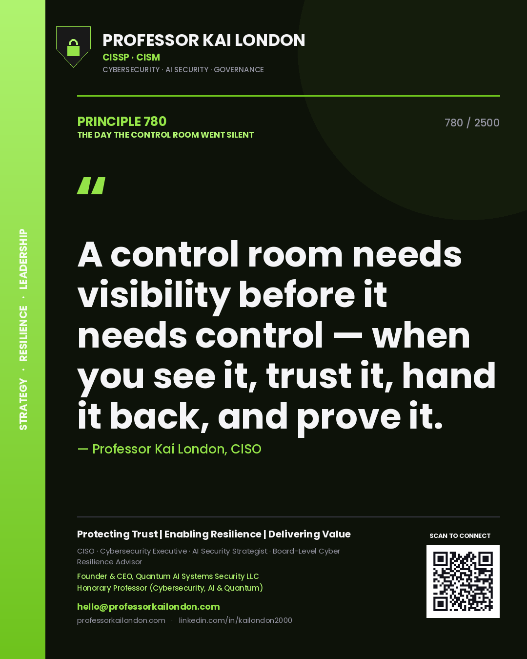 Professor Kai London principle 780: A control room needs visibility before it needs control — when you see it, trust it, hand it back, and prove it.