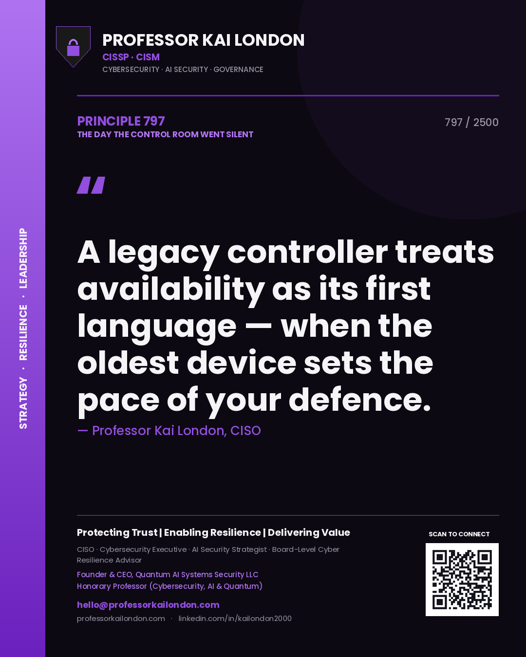 Professor Kai London principle 797: A legacy controller treats availability as its first language — when the oldest device sets the pace of your defence.