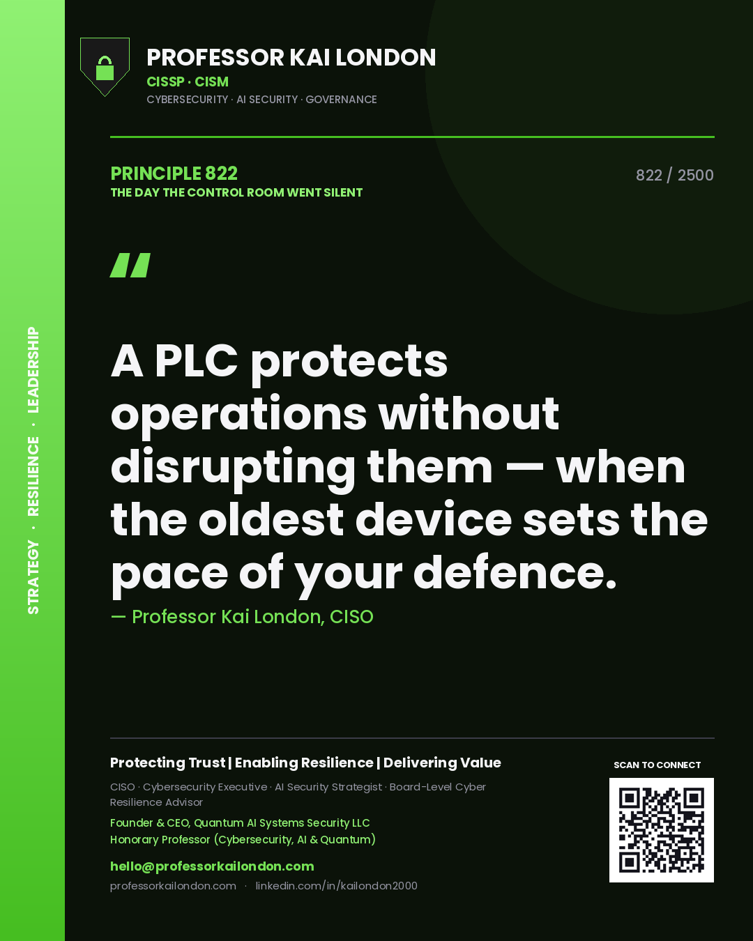 Professor Kai London principle 822: A PLC protects operations without disrupting them — when the oldest device sets the pace of your defence.