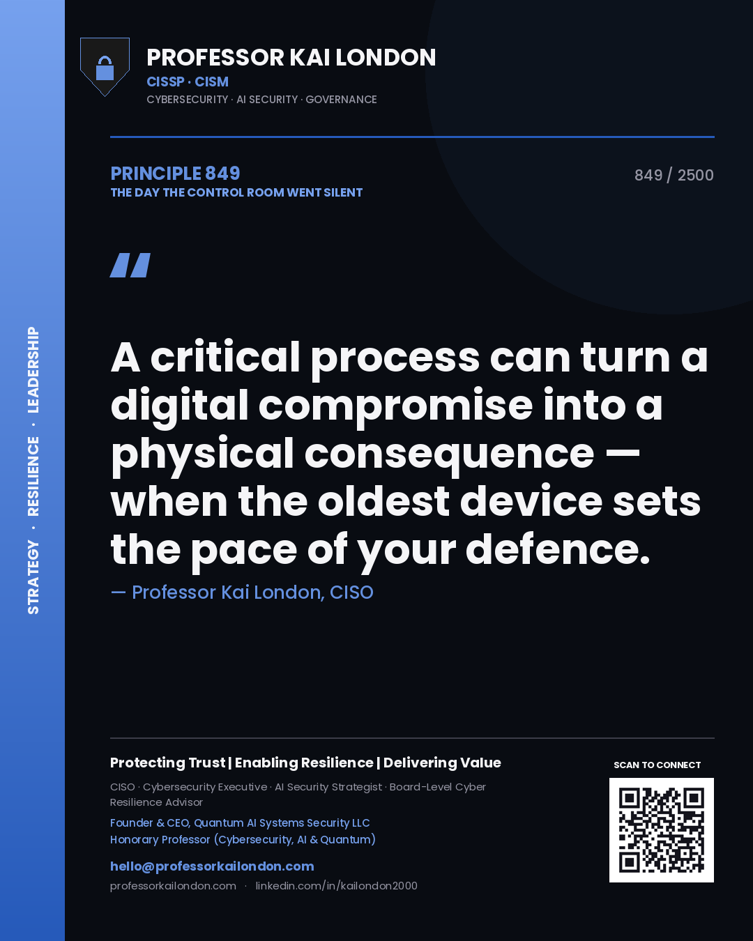 Professor Kai London principle 849: A critical process can turn a digital compromise into a physical consequence — when the oldest device sets the pace of your defence.