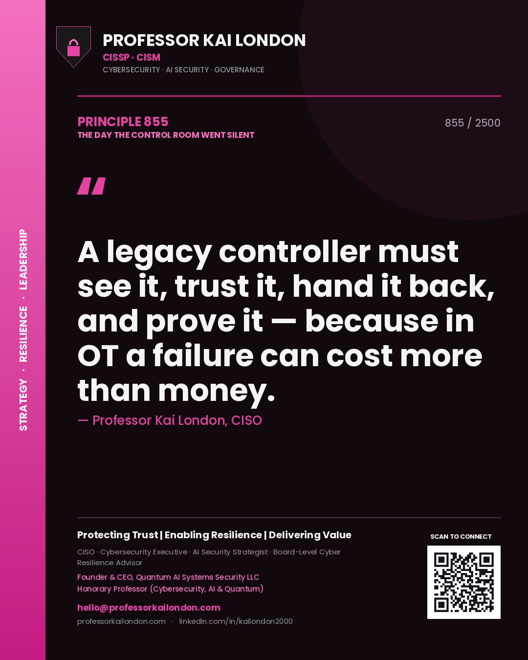 Professor Kai London principle 855: A legacy controller must see it, trust it, hand it back, and prove it — because in OT a failure can cost more than money.
