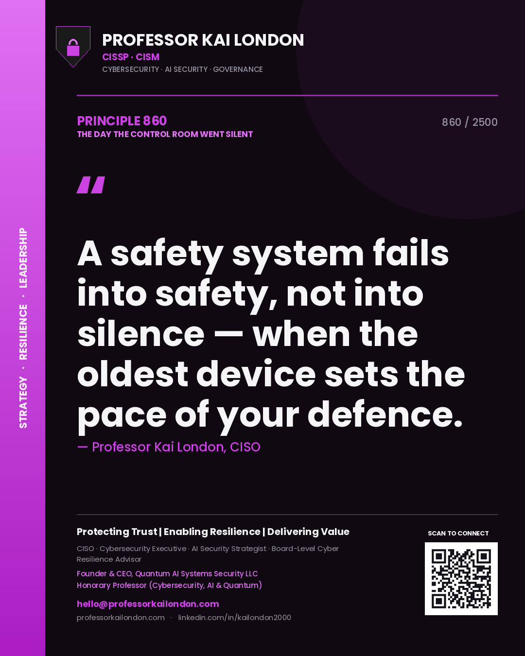 Professor Kai London principle 860: A safety system fails into safety, not into silence — when the oldest device sets the pace of your defence.