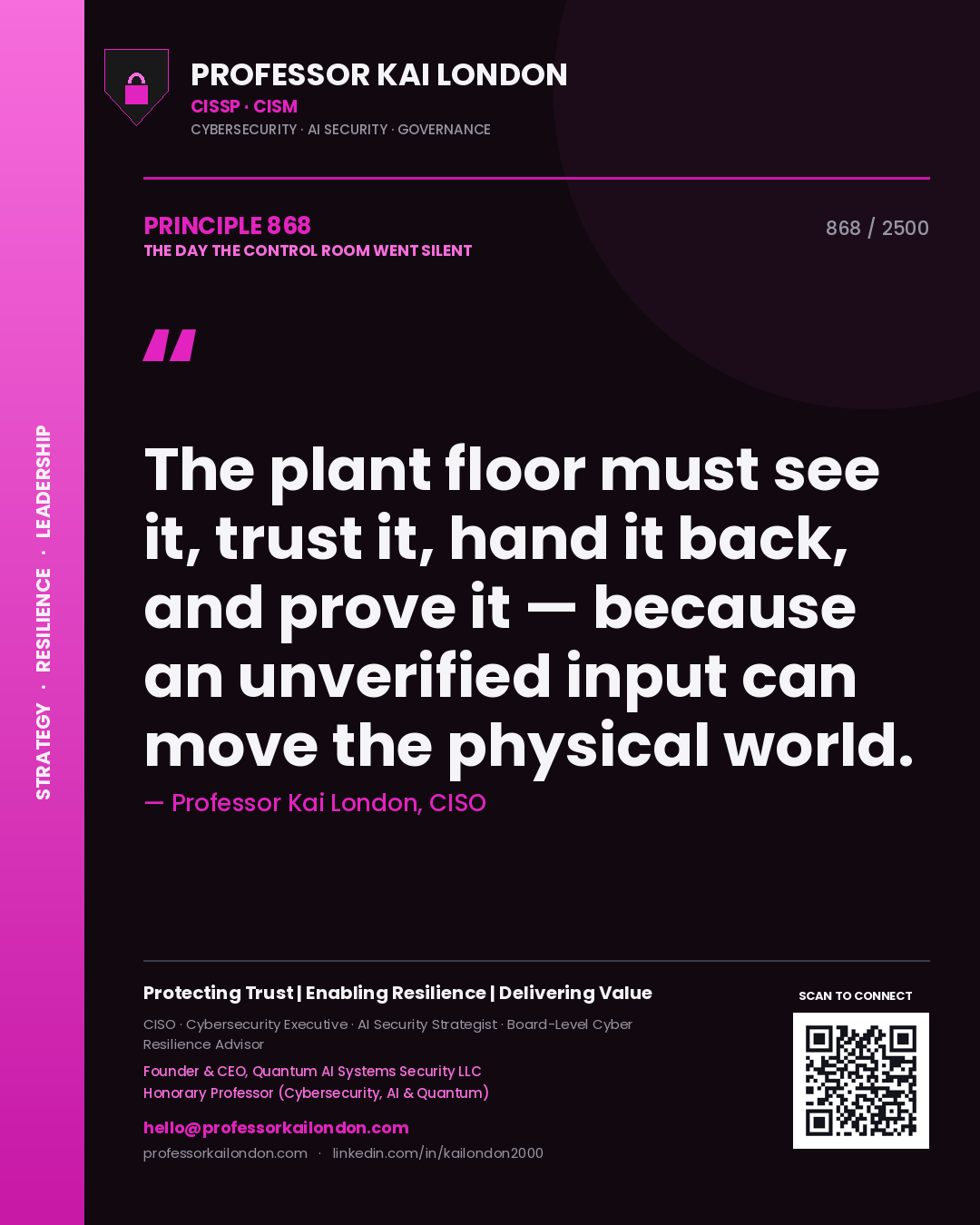 Professor Kai London principle 868: The plant floor must see it, trust it, hand it back, and prove it — because an unverified input can move the physical world.