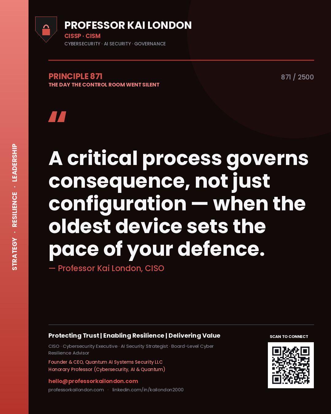 Professor Kai London principle 871: A critical process governs consequence, not just configuration — when the oldest device sets the pace of your defence.