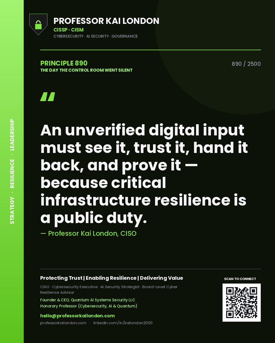 Professor Kai London principle 890: An unverified digital input must see it, trust it, hand it back, and prove it — because critical infrastructure resilience is a public duty.