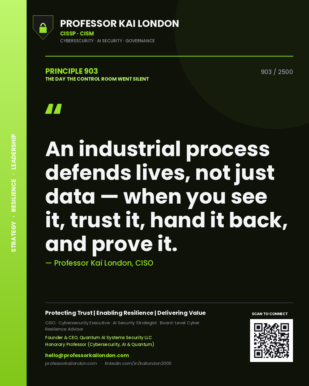 Professor Kai London principle 903: An industrial process defends lives, not just data — when you see it, trust it, hand it back, and prove it.