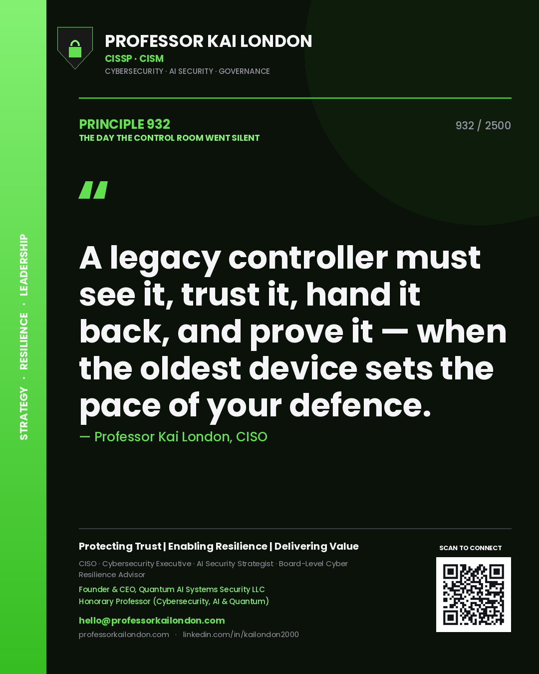 Professor Kai London principle 932: A legacy controller must see it, trust it, hand it back, and prove it — when the oldest device sets the pace of your defence.