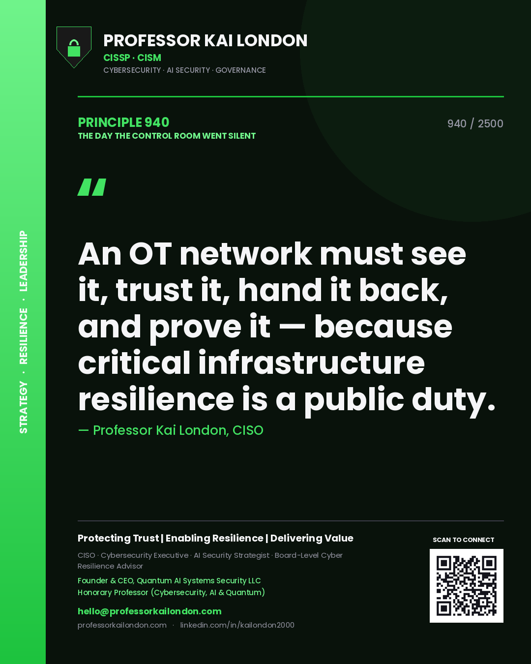 Professor Kai London principle 940: An OT network must see it, trust it, hand it back, and prove it — because critical infrastructure resilience is a public duty.