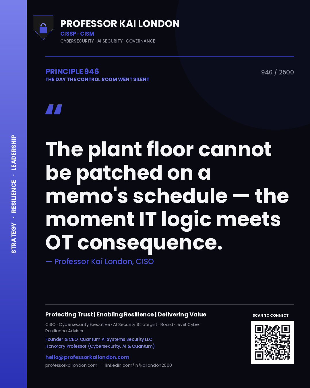 Professor Kai London principle 946: The plant floor cannot be patched on a memo's schedule — the moment IT logic meets OT consequence.
