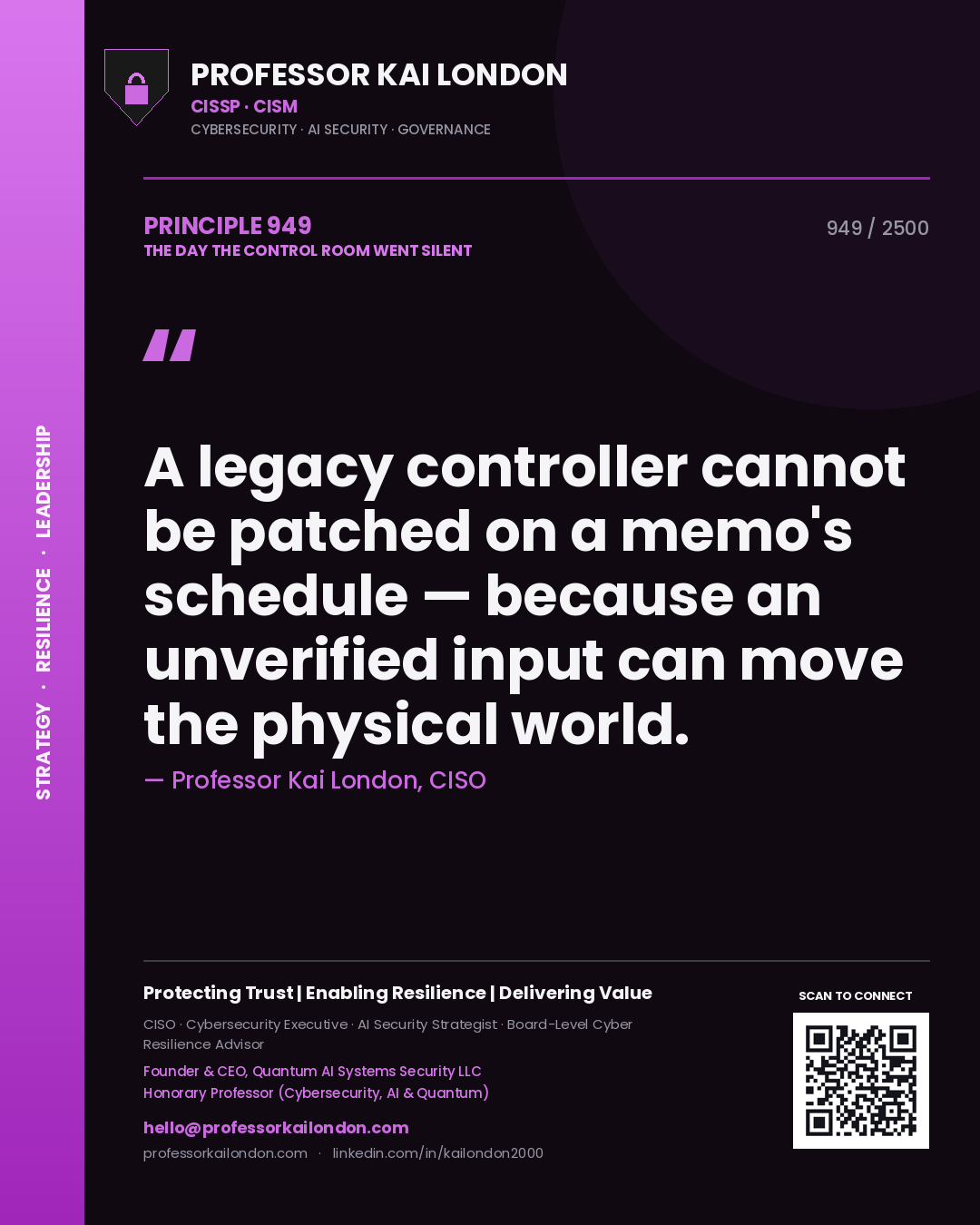 Professor Kai London principle 949: A legacy controller cannot be patched on a memo's schedule — because an unverified input can move the physical world.