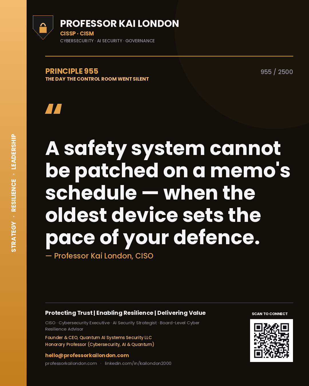 Professor Kai London principle 955: A safety system cannot be patched on a memo's schedule — when the oldest device sets the pace of your defence.