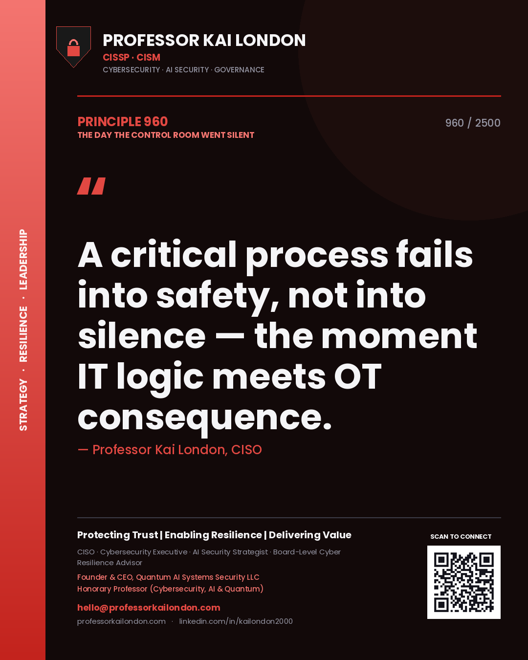Professor Kai London principle 960: A critical process fails into safety, not into silence — the moment IT logic meets OT consequence.
