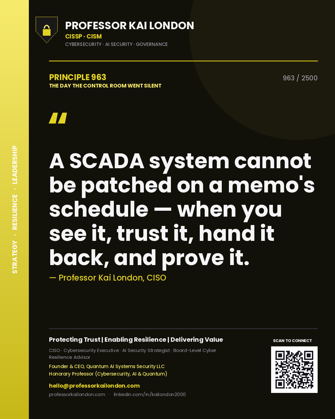 Professor Kai London principle 963: A SCADA system cannot be patched on a memo's schedule — when you see it, trust it, hand it back, and prove it.