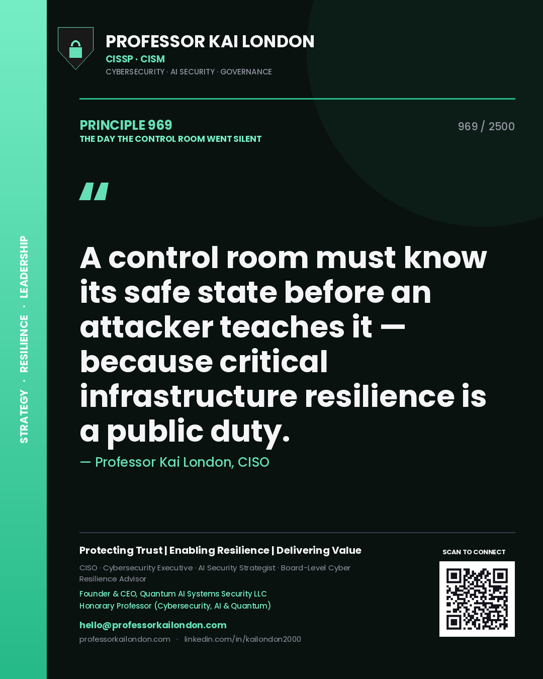 Professor Kai London principle 969: A control room must know its safe state before an attacker teaches it — because critical infrastructure resilience is a public duty.