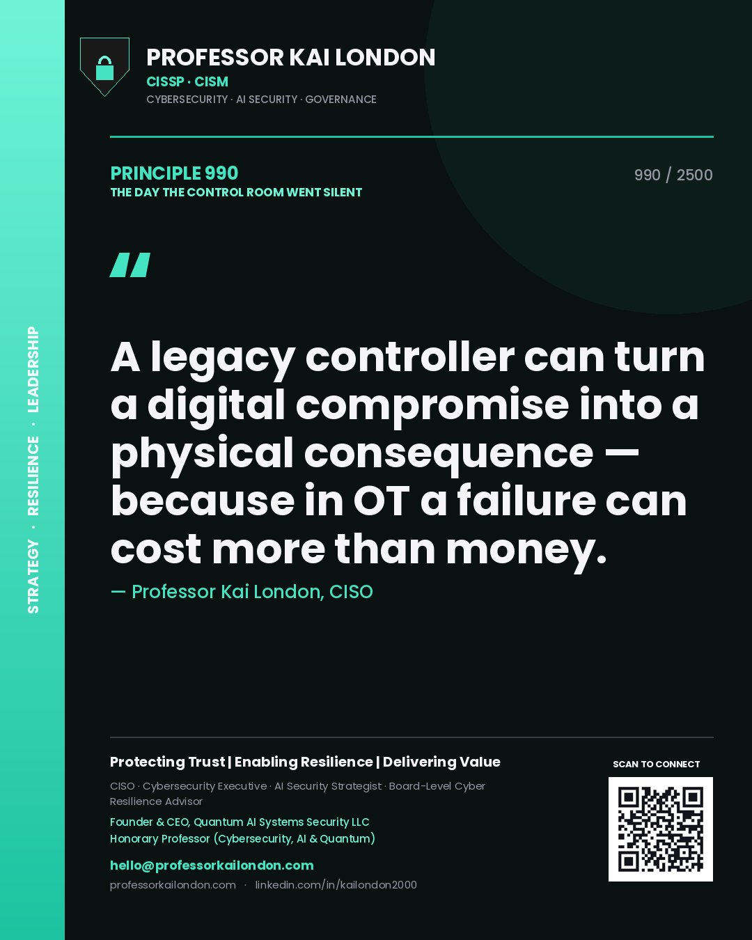 Professor Kai London principle 990: A legacy controller can turn a digital compromise into a physical consequence — because in OT a failure can cost more than money.