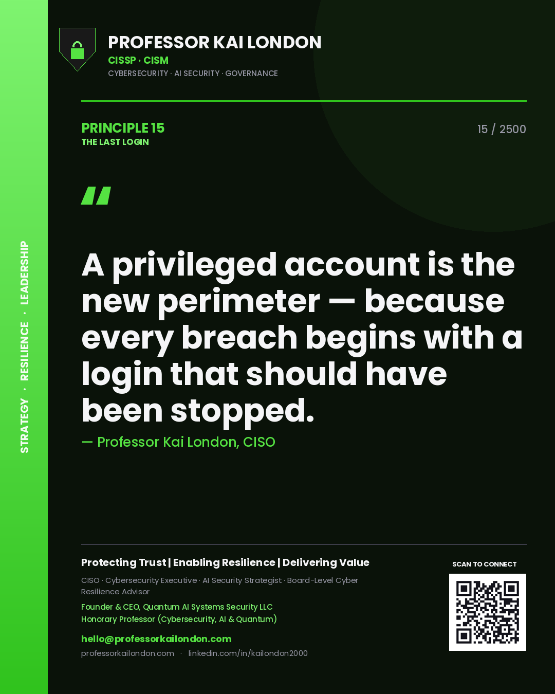 Professor Kai London principle 15: A privileged account is the new perimeter — because every breach begins with a login that should have been stopped.