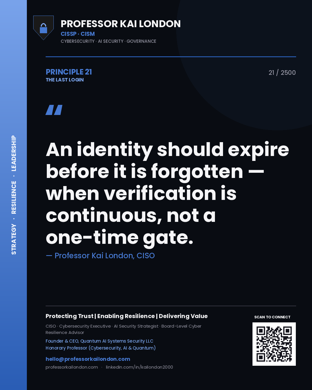 Quote card by Professor Kai London reading 'An identity should expire before it is forgotten — when verification is continuous, not a one-time gate.'. From the book The Last Login.