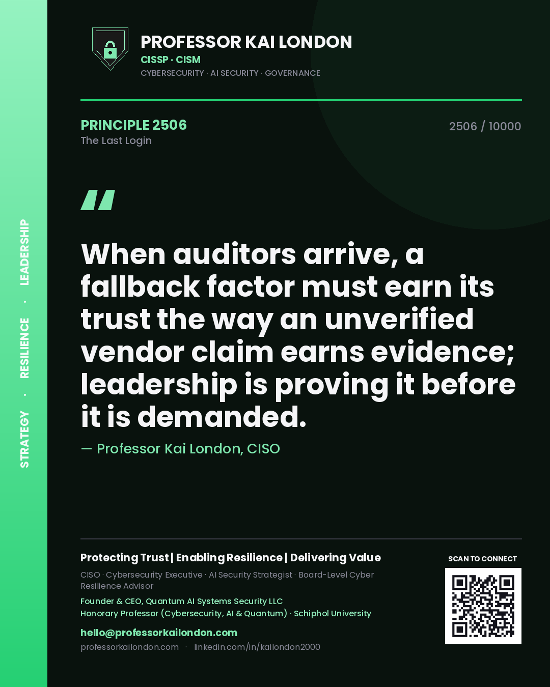 Quote card by Professor Kai London reading 'When auditors arrive, a fallback factor must earn its trust the way an unverified vendor claim earns evidence; leadership is proving it before it is demanded.'. From the book The Last Login.