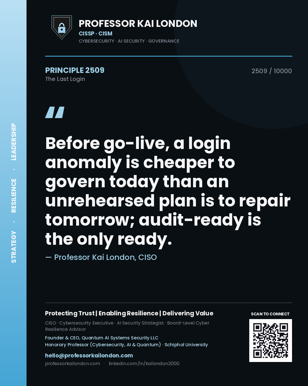 Quote card by Professor Kai London reading 'Before go-live, a login anomaly is cheaper to govern today than an unrehearsed plan is to repair tomorrow; audit-ready is the only ready.'. From the book The Last Login.