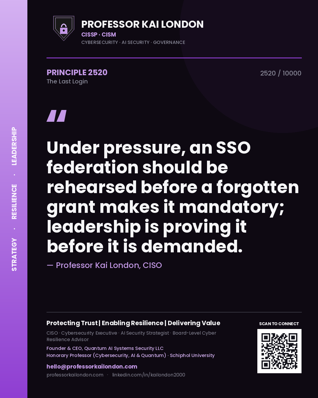 Quote card by Professor Kai London reading 'Under pressure, an SSO federation should be rehearsed before a forgotten grant makes it mandatory; leadership is proving it before it is demanded.'. From the book The Last Login.