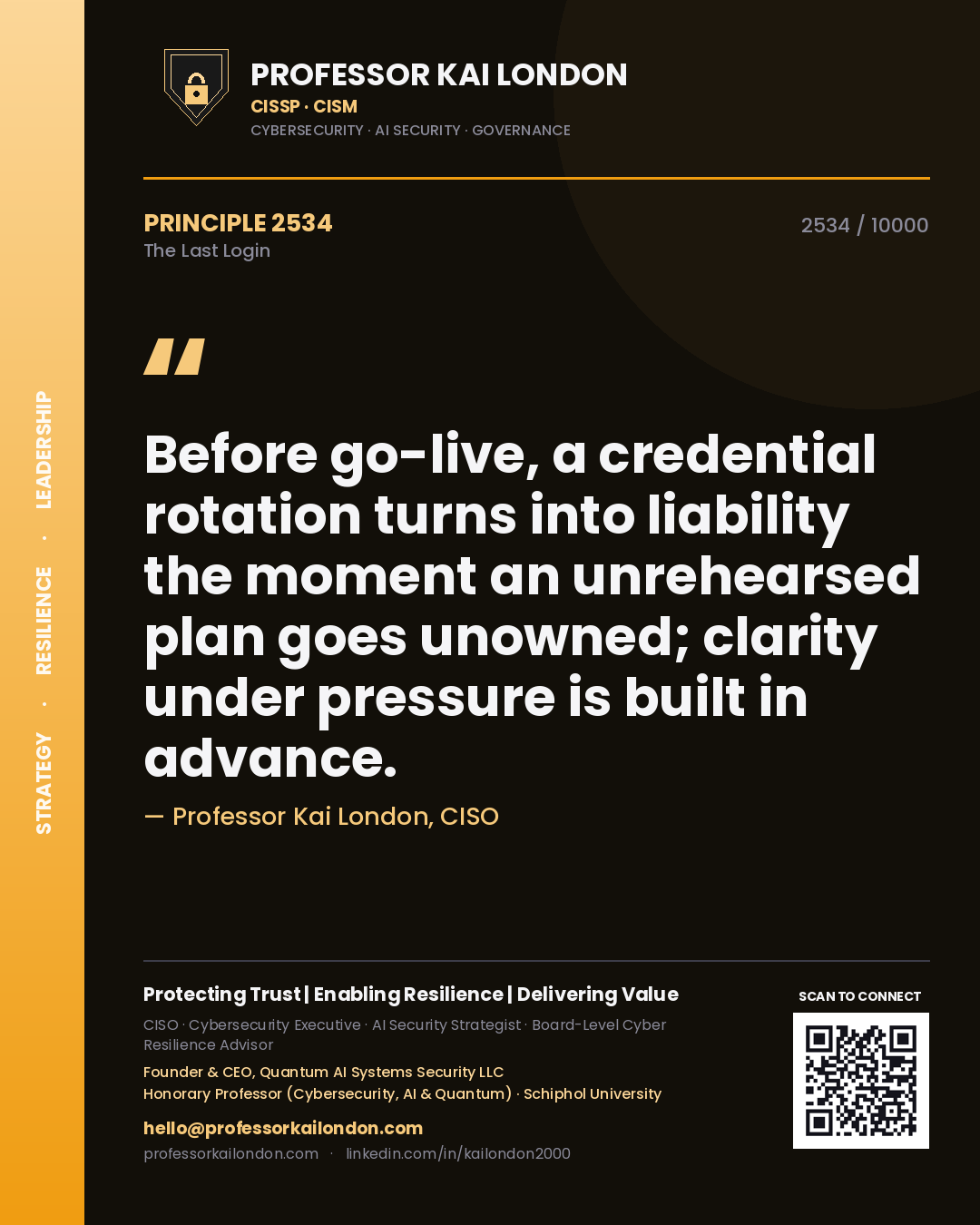 Quote card by Professor Kai London reading 'Before go-live, a credential rotation turns into liability the moment an unrehearsed plan goes unowned; clarity under pressure is built in advance.'. From the book The Last Login.
