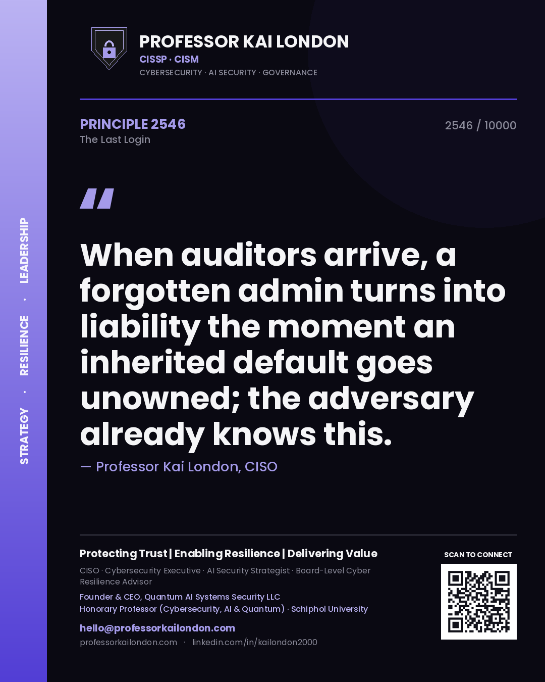 Quote card by Professor Kai London reading 'When auditors arrive, a forgotten admin turns into liability the moment an inherited default goes unowned; the adversary already knows this.'. From the book The Last Login.