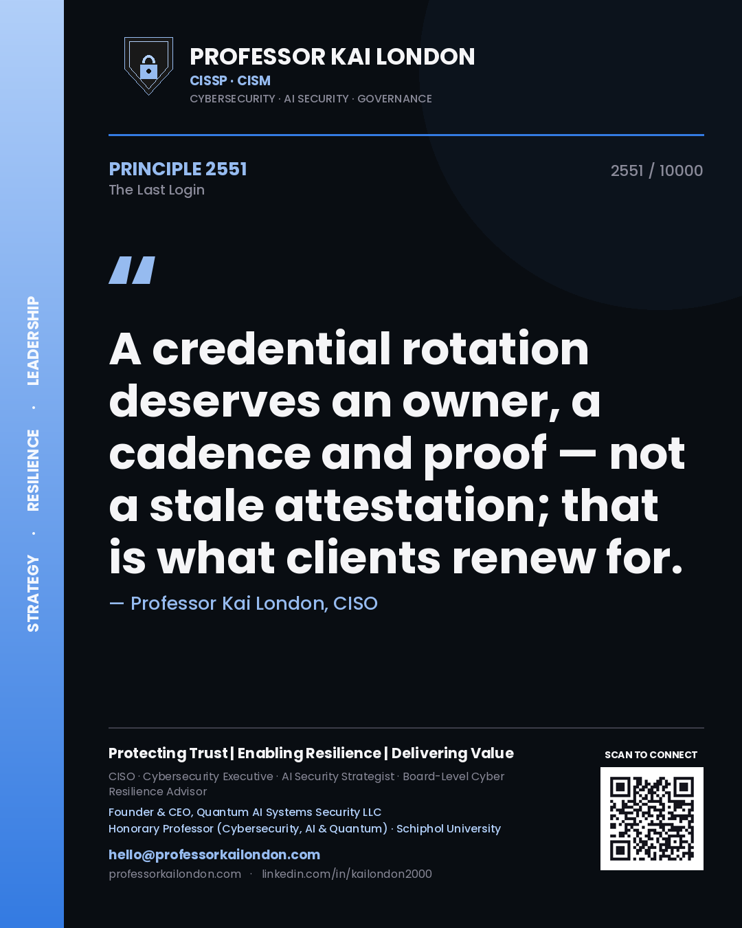 Quote card by Professor Kai London reading 'A credential rotation deserves an owner, a cadence and proof — not a stale attestation; that is what clients renew for.'. From the book The Last Login.