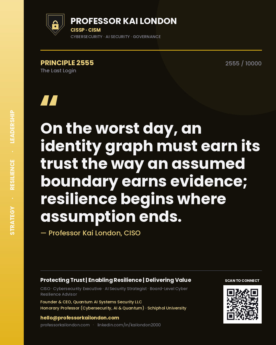 Professor Kai London principle 2555: On the worst day, an identity graph must earn its trust the way an assumed boundary earns evidence; resilience begins where assumption ends.