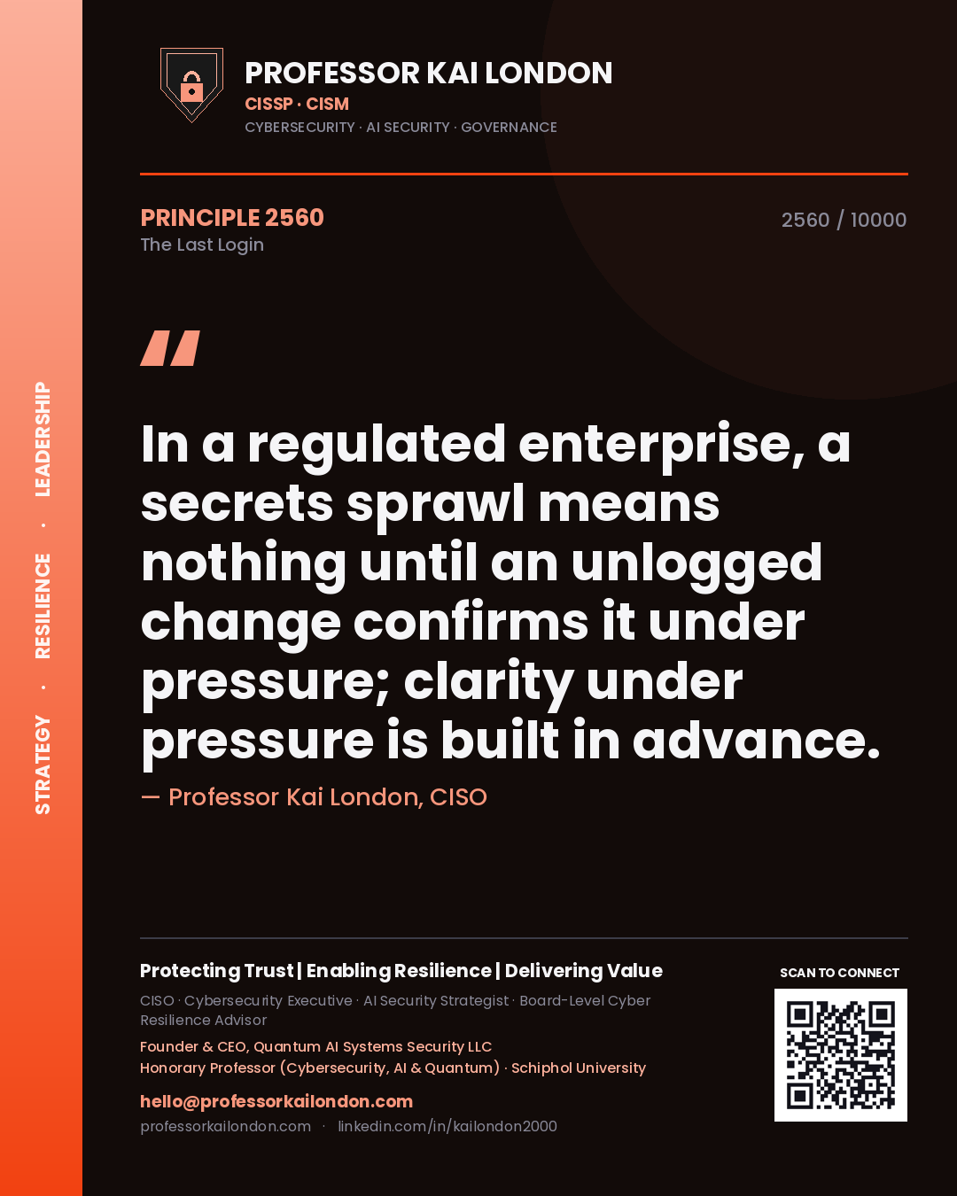Professor Kai London principle 2560: In a regulated enterprise, a secrets sprawl means nothing until an unlogged change confirms it under pressure; clarity under pressure is built in advance.
