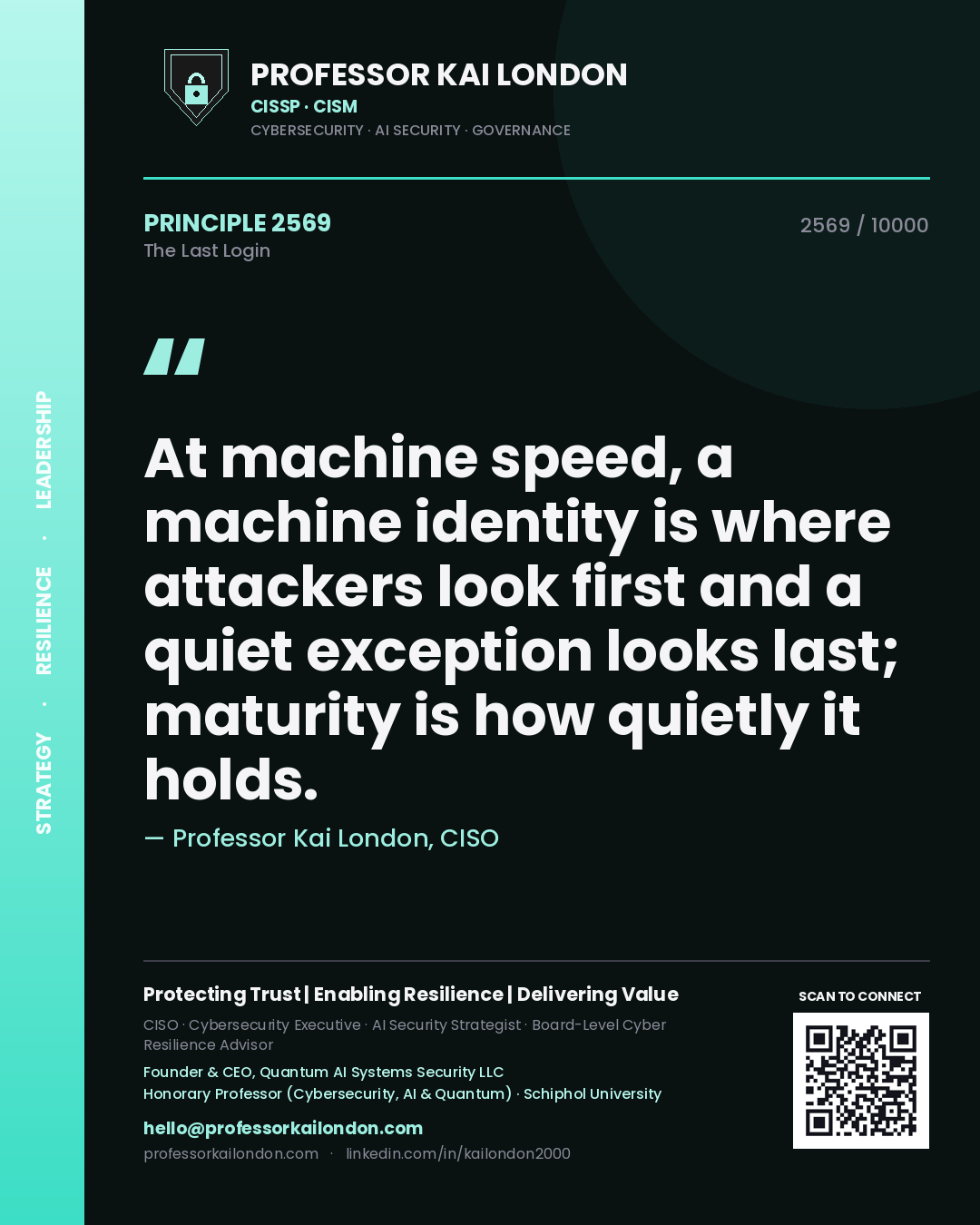 Quote card by Professor Kai London reading 'At machine speed, a machine identity is where attackers look first and a quiet exception looks last; maturity is how quietly it holds.'. From the book The Last Login.