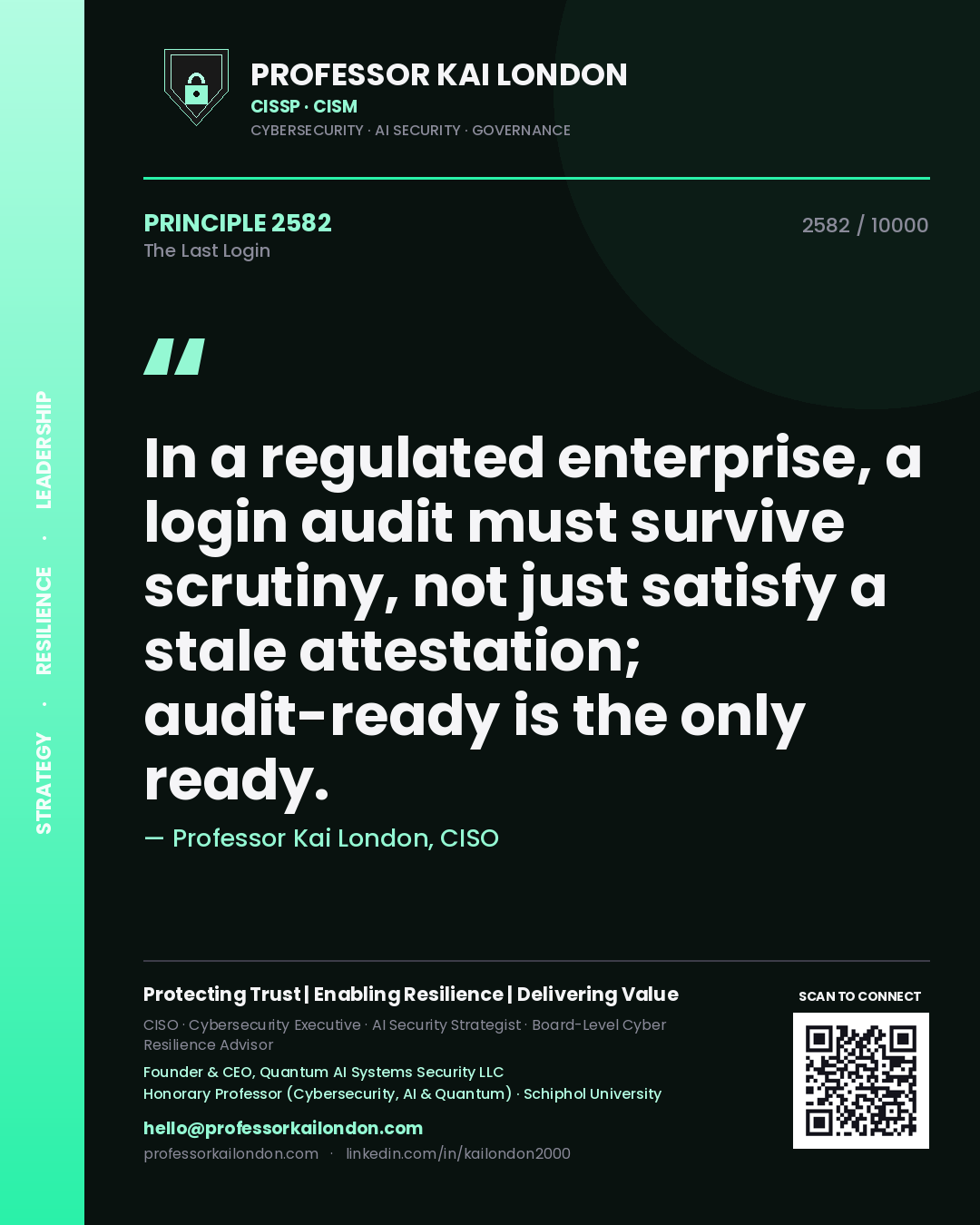 Professor Kai London principle 2582: In a regulated enterprise, a login audit must survive scrutiny, not just satisfy a stale attestation; audit-ready is the only ready.