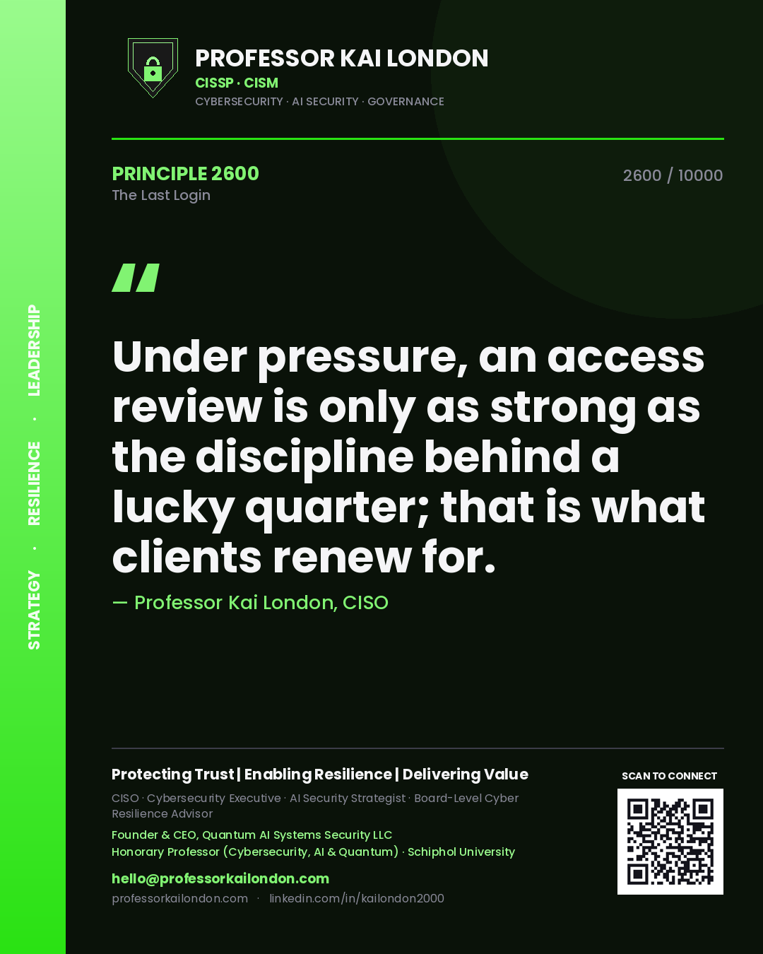 Quote card by Professor Kai London reading 'Under pressure, an access review is only as strong as the discipline behind a lucky quarter; that is what clients renew for.'. From the book The Last Login.
