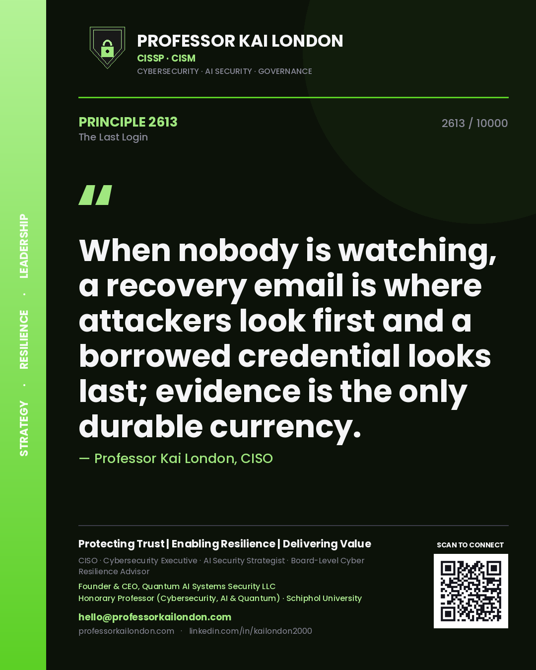 Professor Kai London principle 2613: When nobody is watching, a recovery email is where attackers look first and a borrowed credential looks last; evidence is the only durable currency.