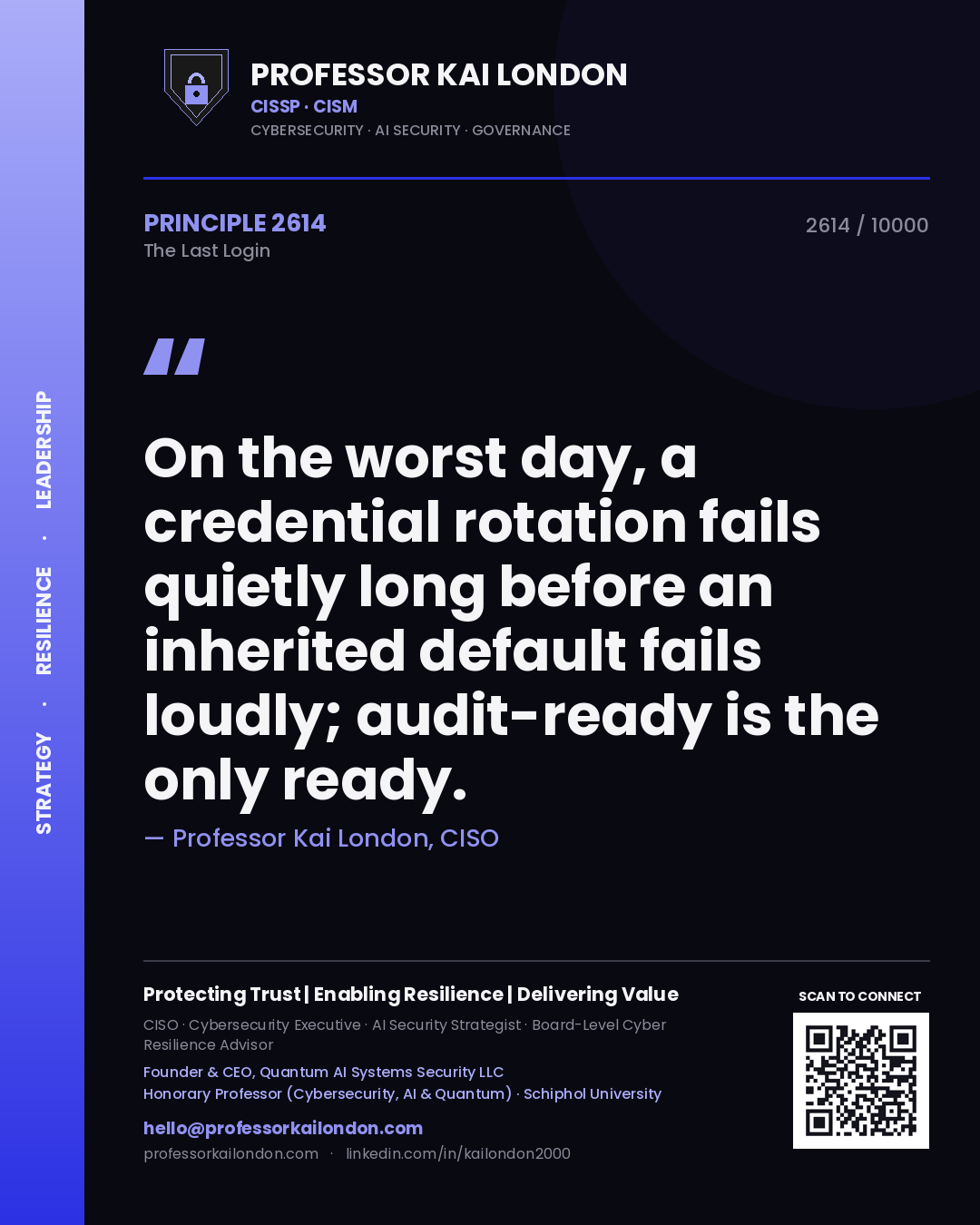 Professor Kai London principle 2614: On the worst day, a credential rotation fails quietly long before an inherited default fails loudly; audit-ready is the only ready.