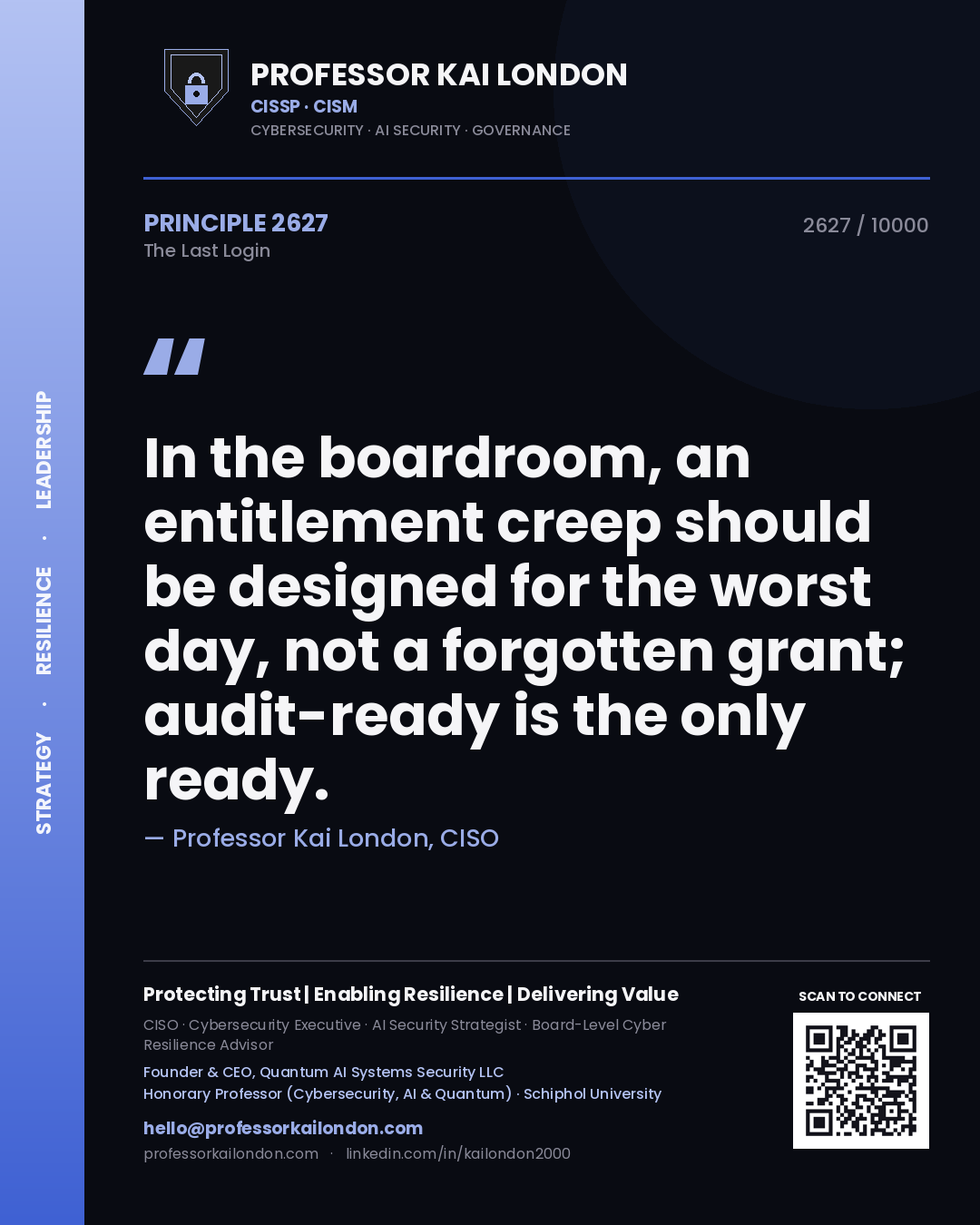 Professor Kai London principle 2627: In the boardroom, an entitlement creep should be designed for the worst day, not a forgotten grant; audit-ready is the only ready.