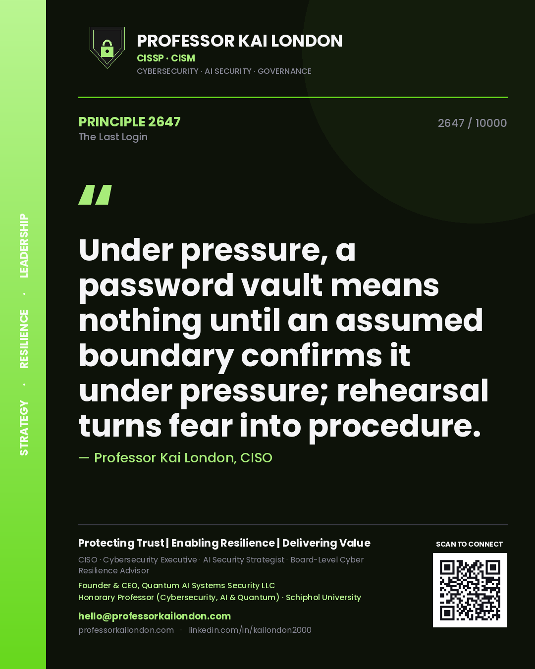 Professor Kai London principle 2647: Under pressure, a password vault means nothing until an assumed boundary confirms it under pressure; rehearsal turns fear into procedure.