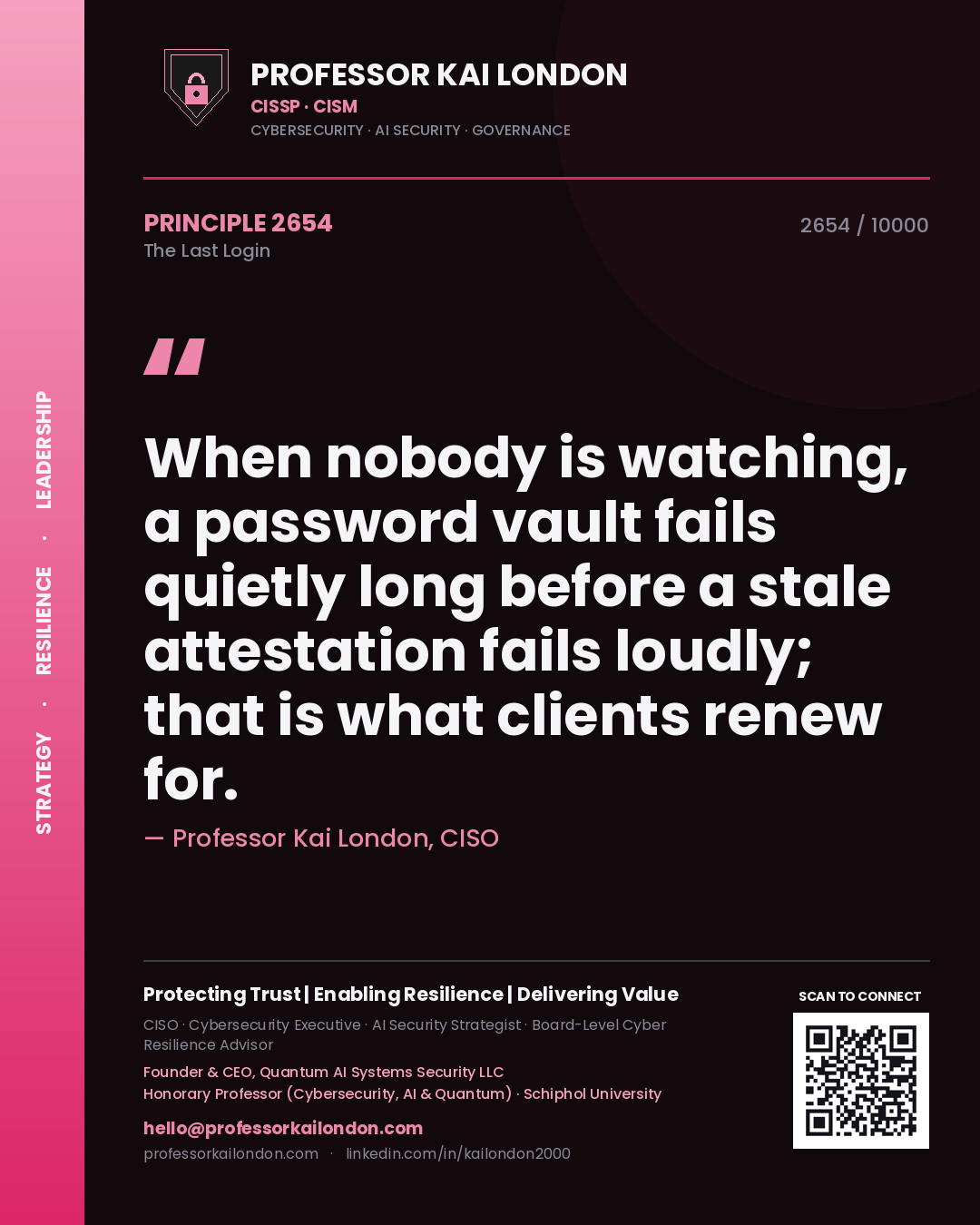 Professor Kai London principle 2654: When nobody is watching, a password vault fails quietly long before a stale attestation fails loudly; that is what clients renew for.