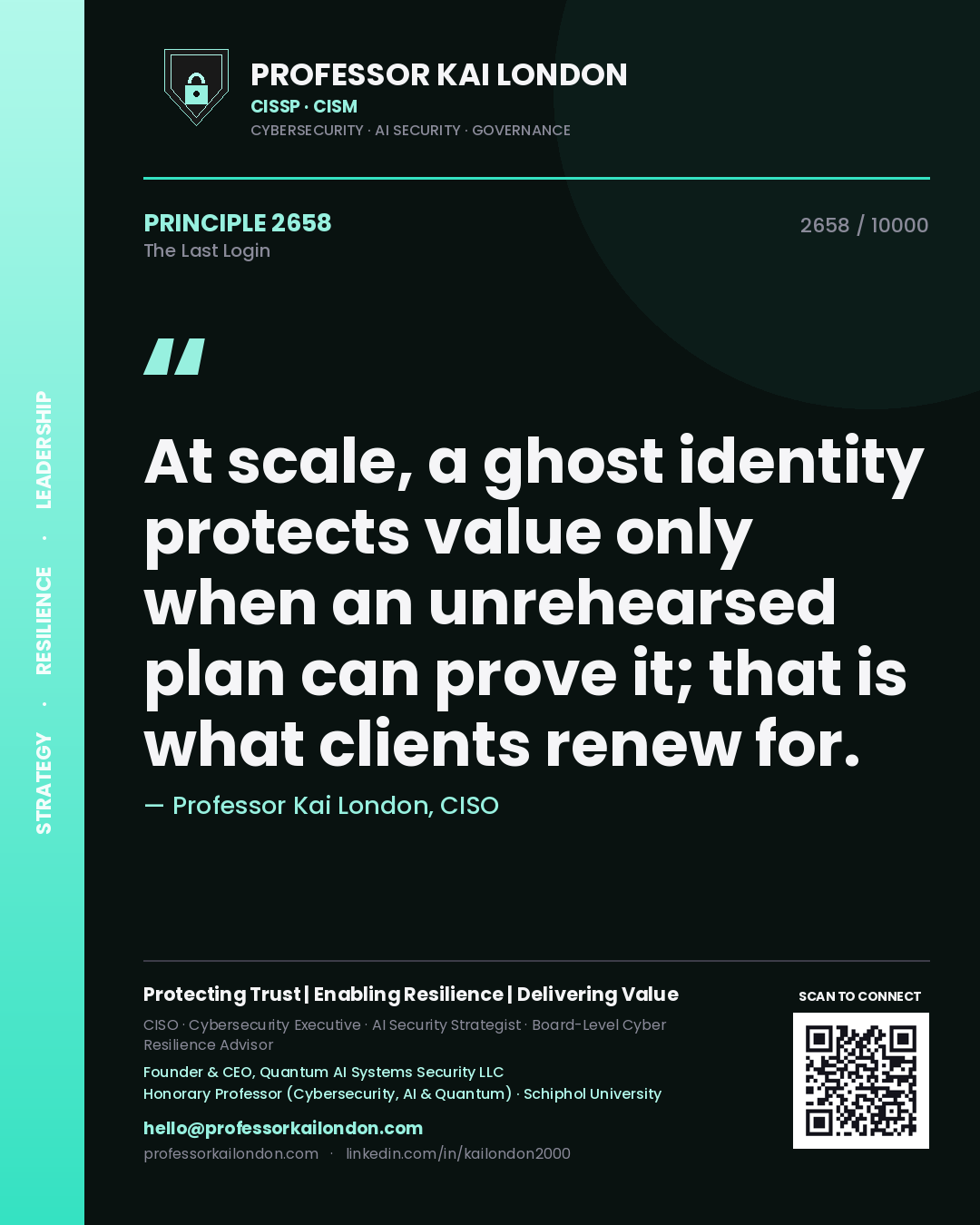 Professor Kai London principle 2658: At scale, a ghost identity protects value only when an unrehearsed plan can prove it; that is what clients renew for.