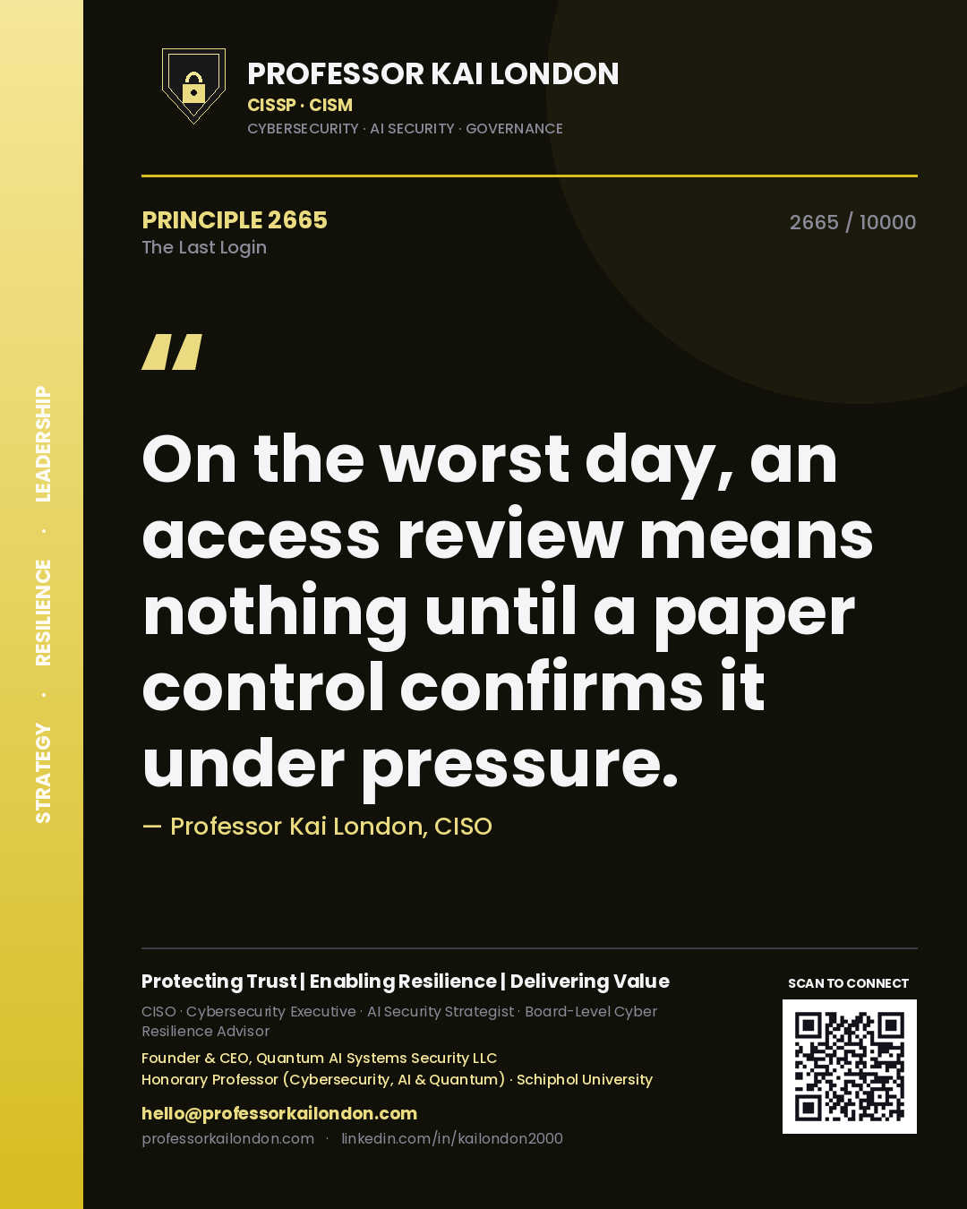 Professor Kai London principle 2665: On the worst day, an access review means nothing until a paper control confirms it under pressure.