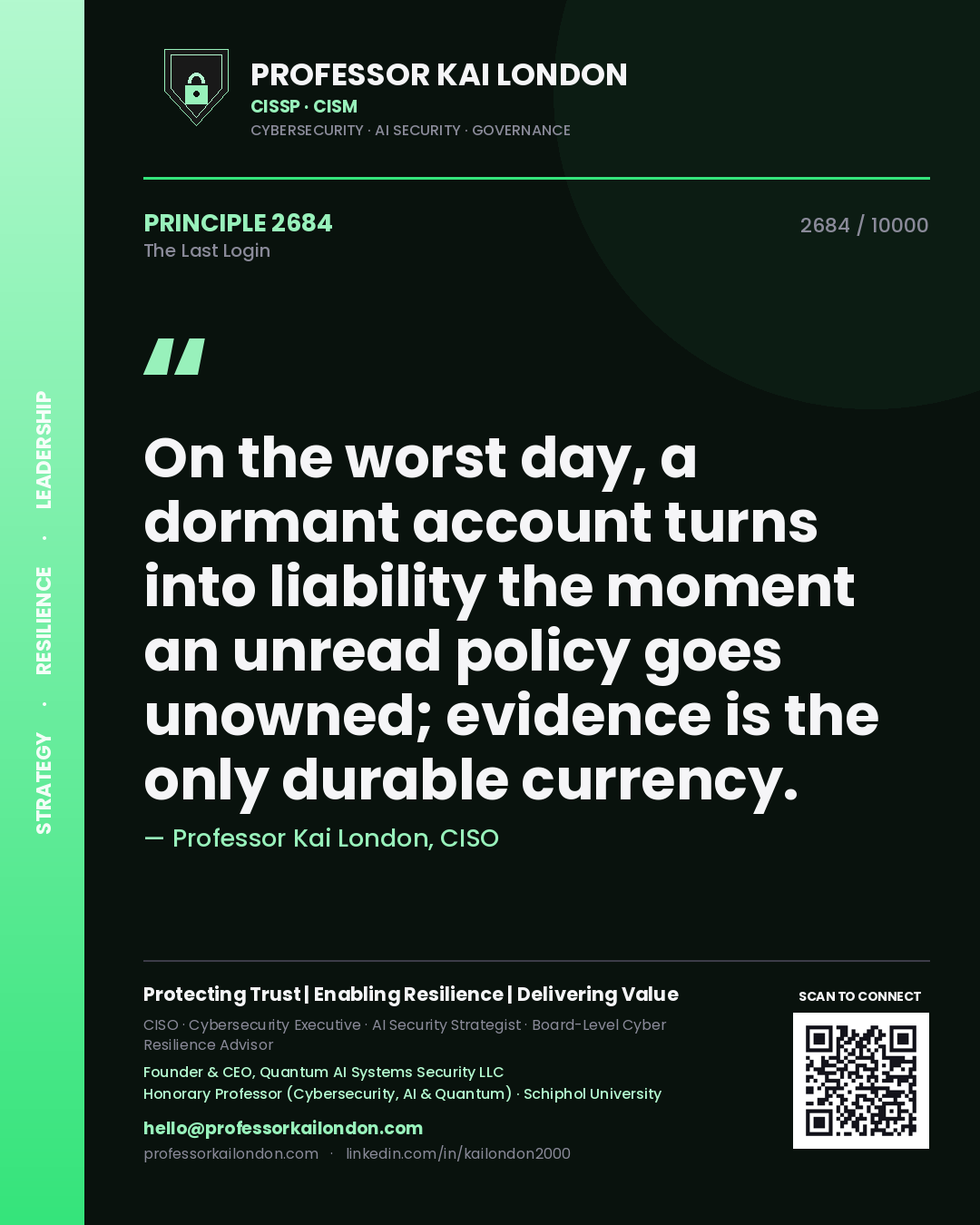 Professor Kai London principle 2684: On the worst day, a dormant account turns into liability the moment an unread policy goes unowned; evidence is the only durable currency.