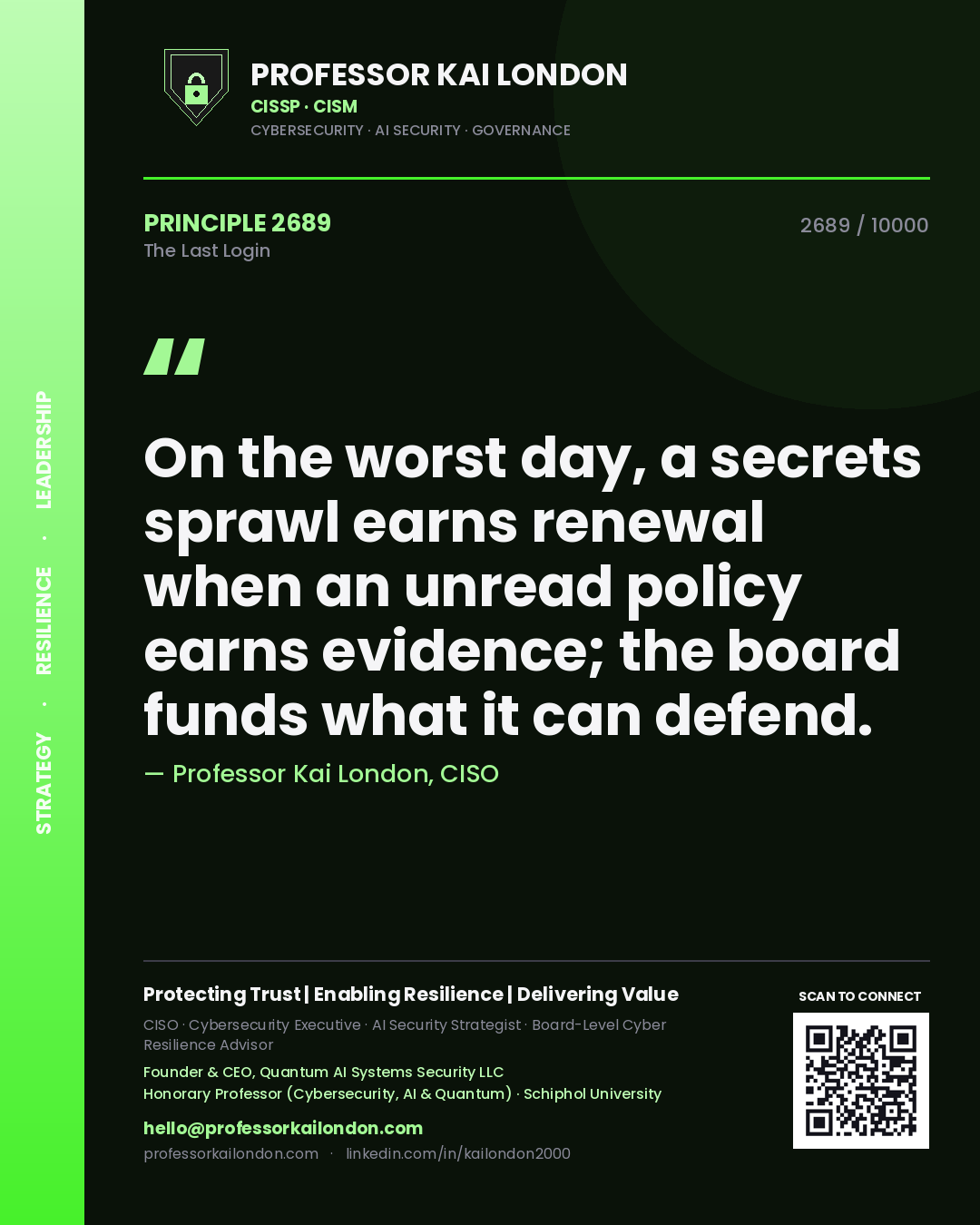 Professor Kai London principle 2689: On the worst day, a secrets sprawl earns renewal when an unread policy earns evidence; the board funds what it can defend.