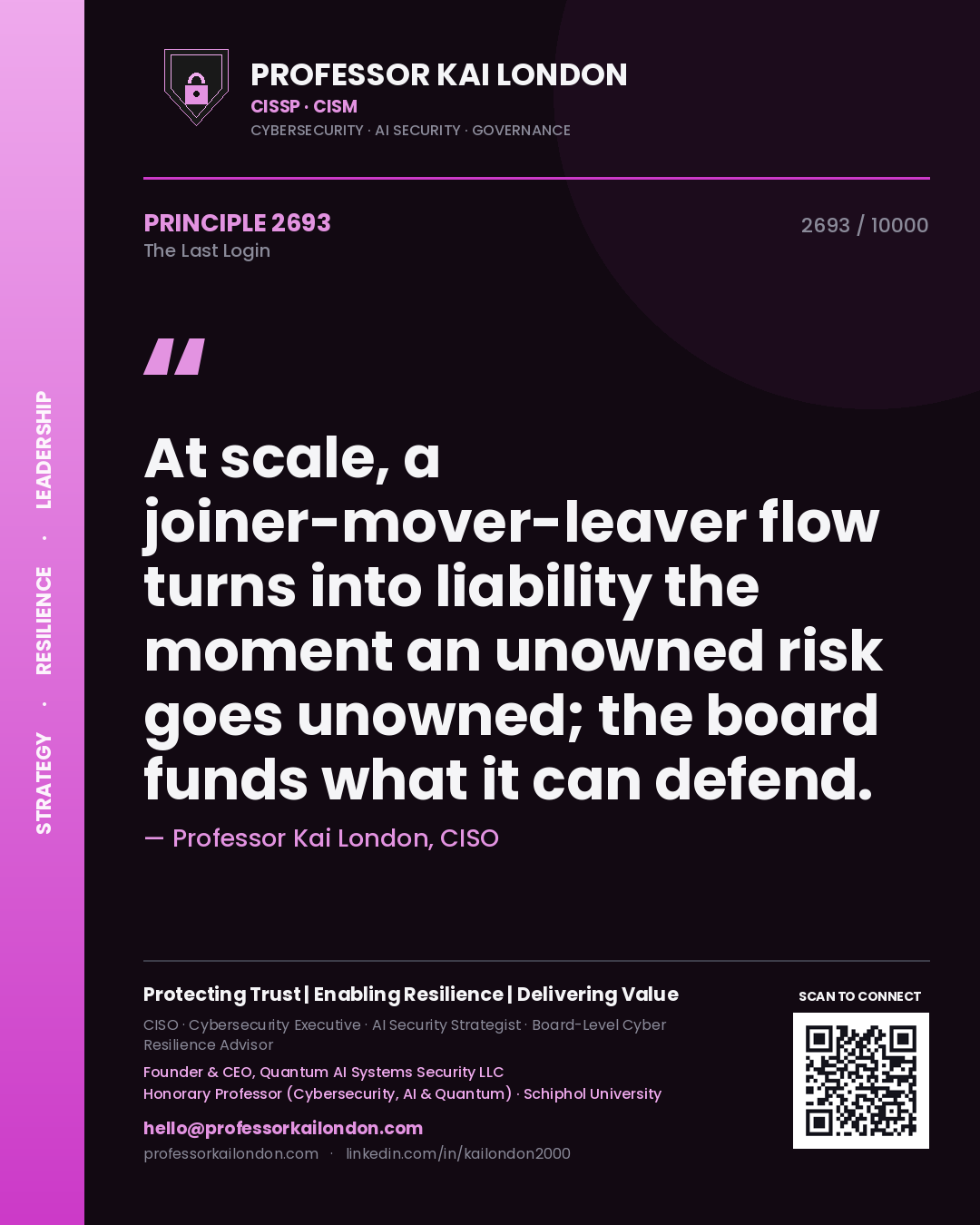 Professor Kai London principle 2693: At scale, a joiner-mover-leaver flow turns into liability the moment an unowned risk goes unowned; the board funds what it can defend.