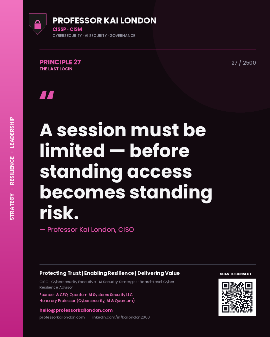 Professor Kai London principle 27: A session must be limited — before standing access becomes standing risk.