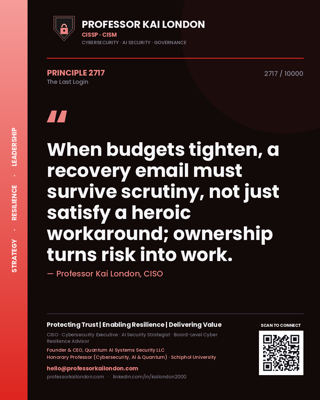 Professor Kai London principle 2717: When budgets tighten, a recovery email must survive scrutiny, not just satisfy a heroic workaround; ownership turns risk into work.