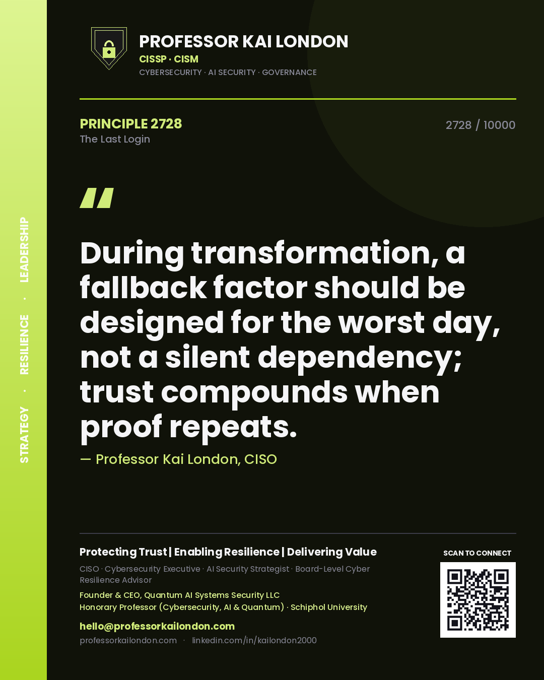 Professor Kai London principle 2728: During transformation, a fallback factor should be designed for the worst day, not a silent dependency; trust compounds when proof repeats.