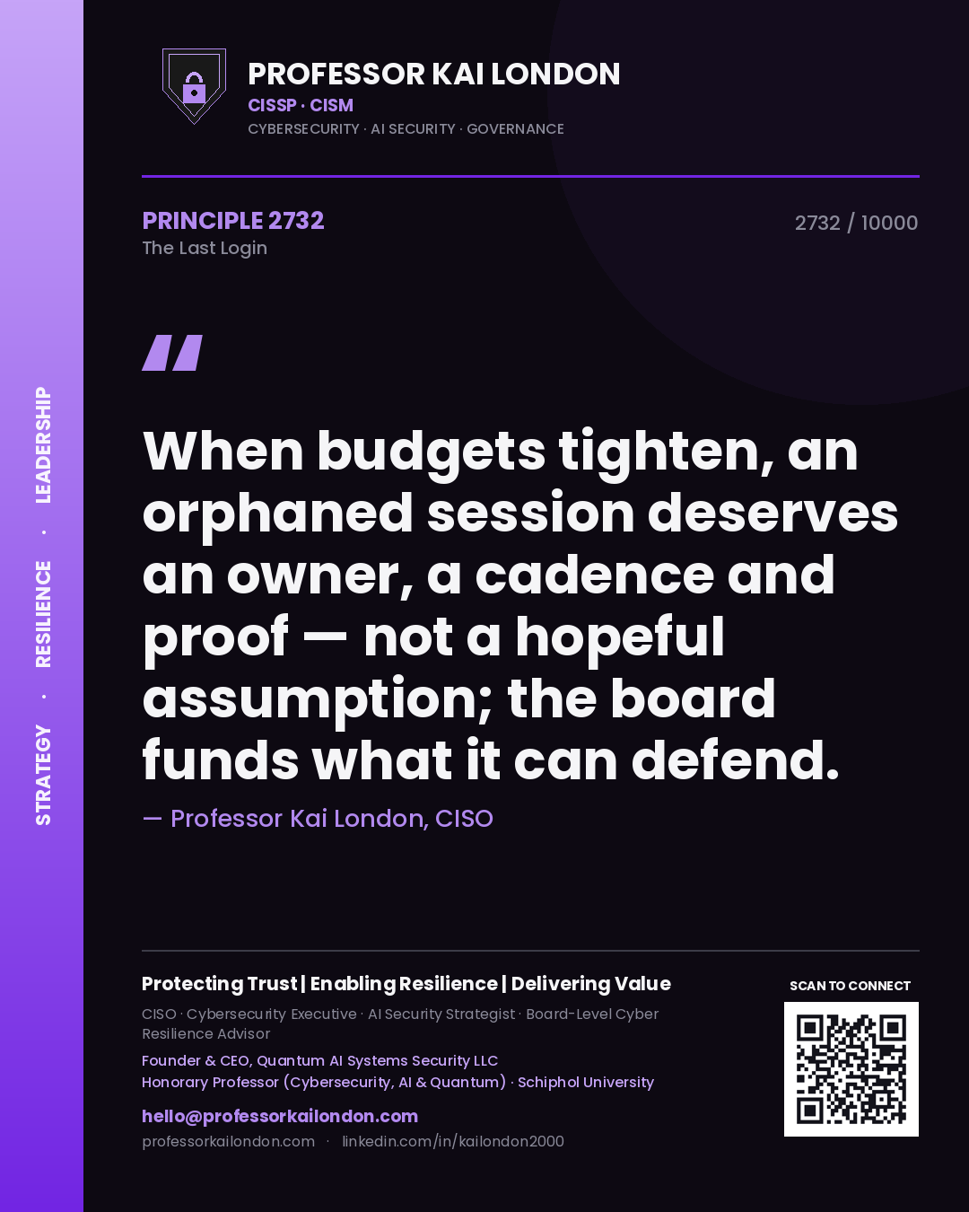 Professor Kai London principle 2732: When budgets tighten, an orphaned session deserves an owner, a cadence and proof — not a hopeful assumption; the board funds what it can defend.
