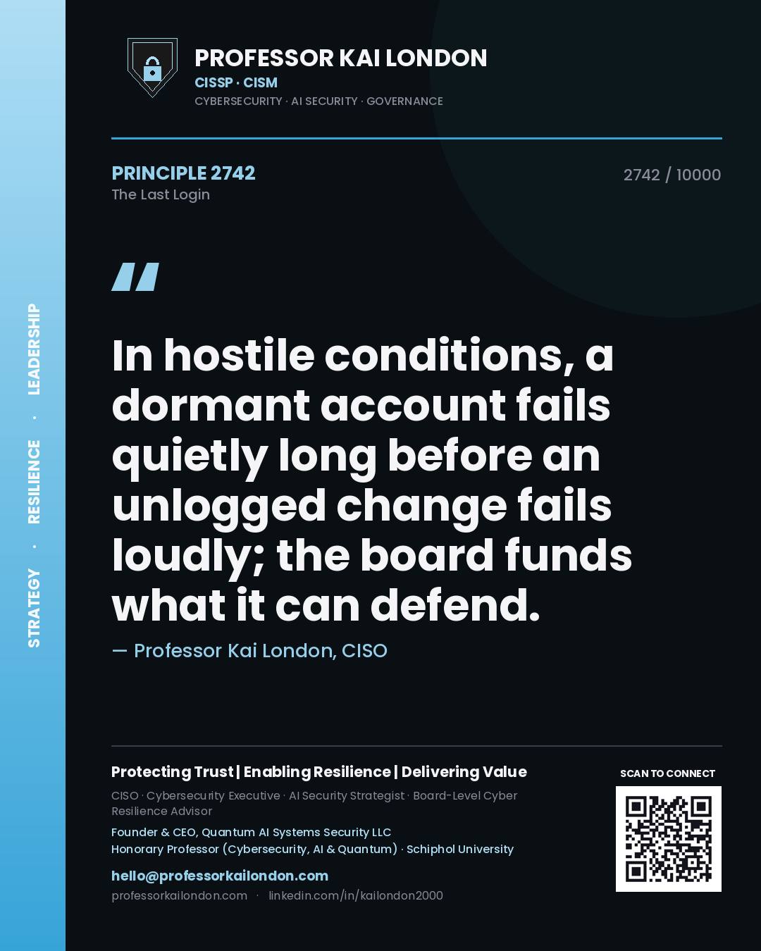 Professor Kai London principle 2742: In hostile conditions, a dormant account fails quietly long before an unlogged change fails loudly; the board funds what it can defend.