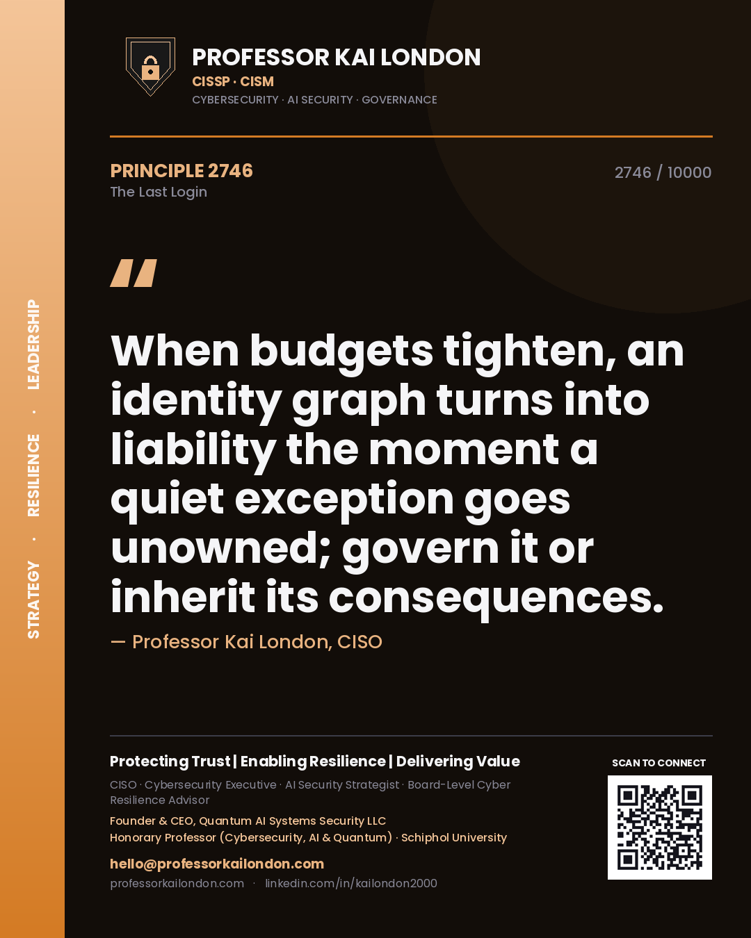 Professor Kai London principle 2746: When budgets tighten, an identity graph turns into liability the moment a quiet exception goes unowned; govern it or inherit its consequences.