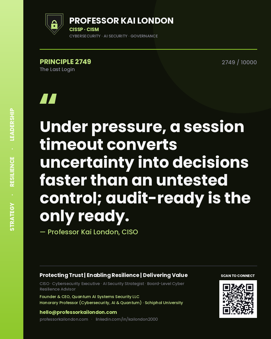 Professor Kai London principle 2749: Under pressure, a session timeout converts uncertainty into decisions faster than an untested control; audit-ready is the only ready.